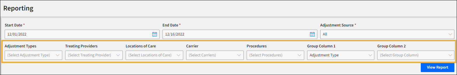 Adjustment Details report criteria selection options with a yellow highlight box around them.